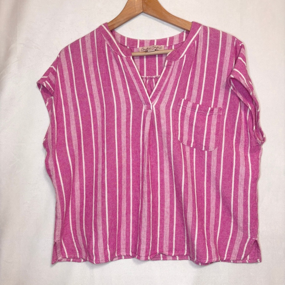 Coastal Comfort Linen Blend Blouse Womens L Striped Coastal Grandma Boho Beach